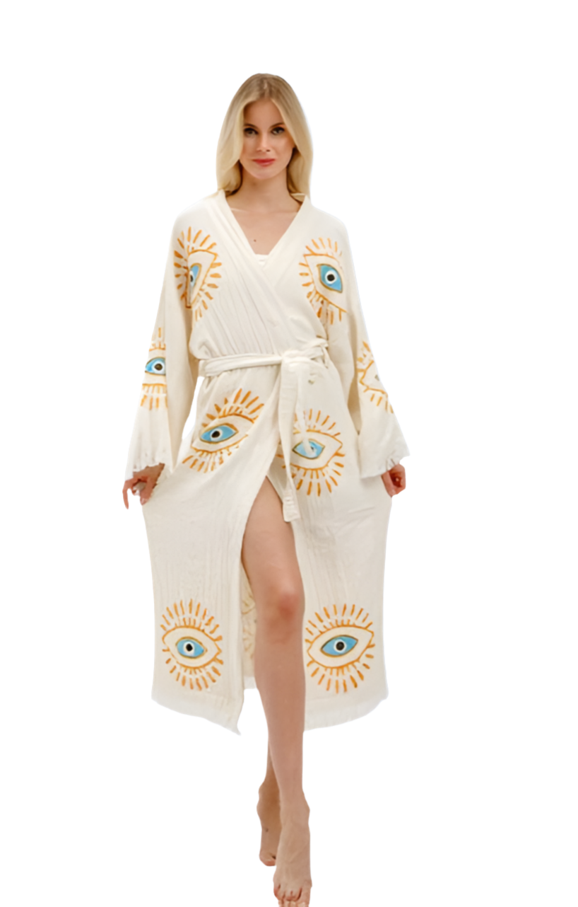 White with Orange & Blue Evil Print Kimono Robe: Full Length