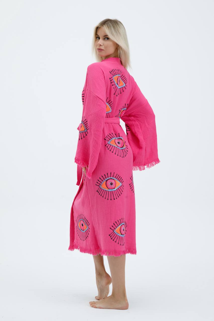 Pink Evil Eye Print Kimono Robe: Full Length