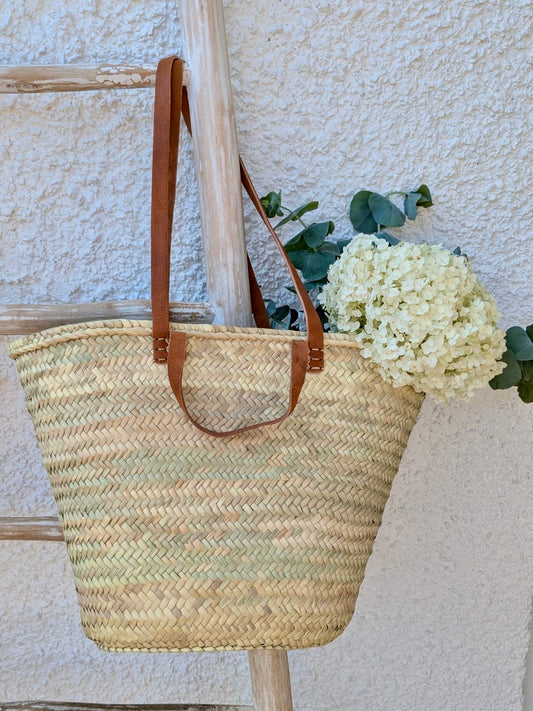 Handmade Double Tan Leather Handle Straw Shopper Basket: Medium