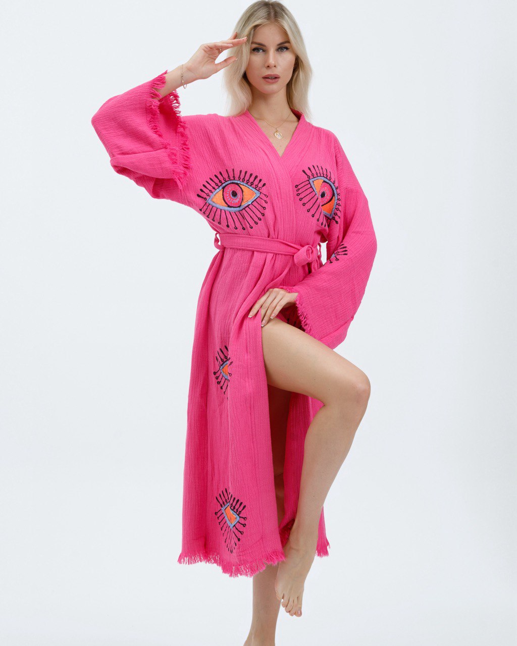 Pink Evil Eye Print Kimono Robe Full Length