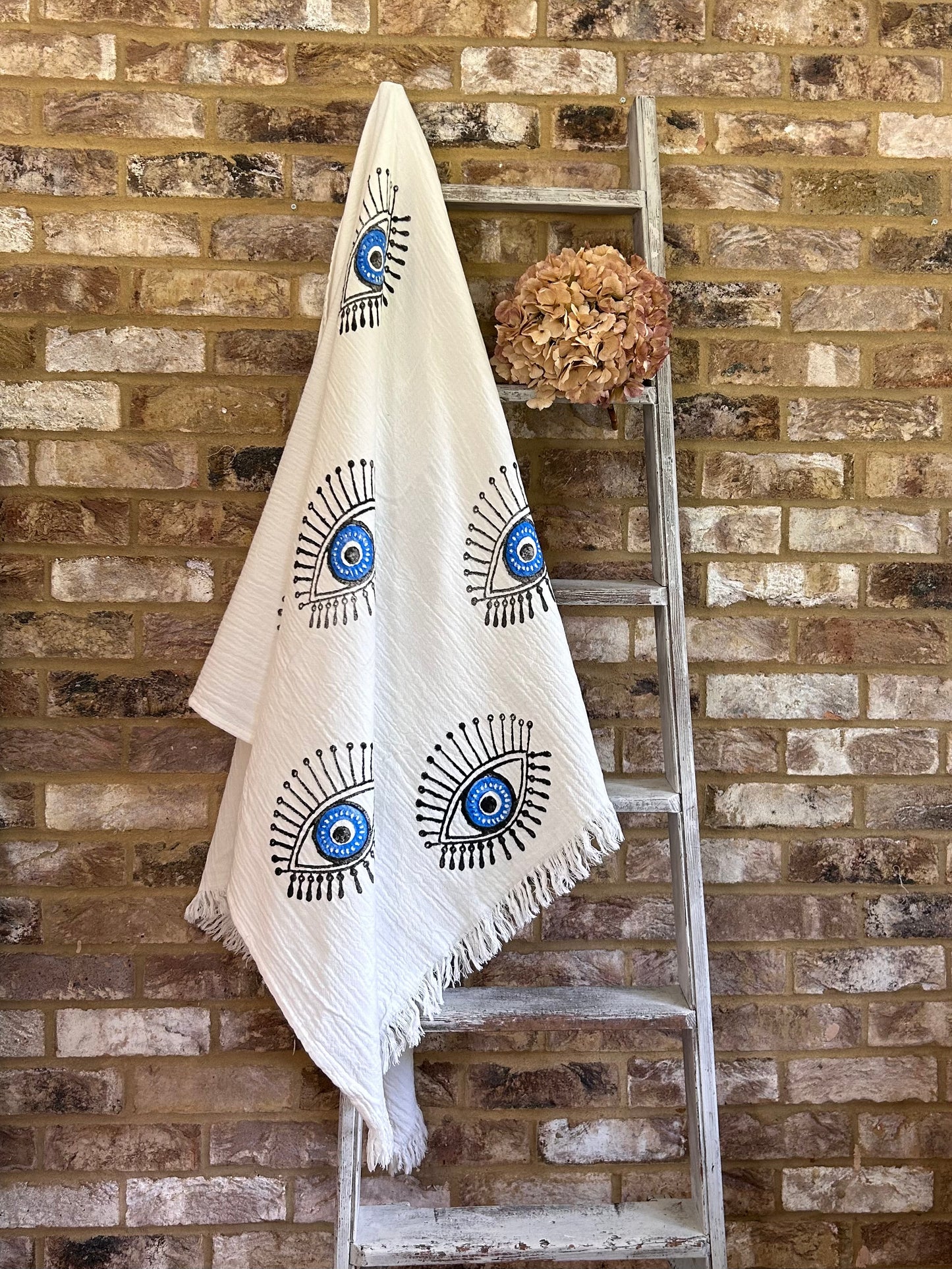 White with Black & Blue Evil Eye Organic Cotton Peshtemal Towel