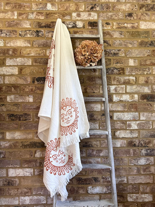 White with Terracotta Sun Print Organic Cotton Peshtemal Towel