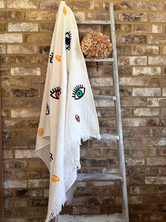 White with Mini Evil Eye Organic Cotton Peshtemal Towel