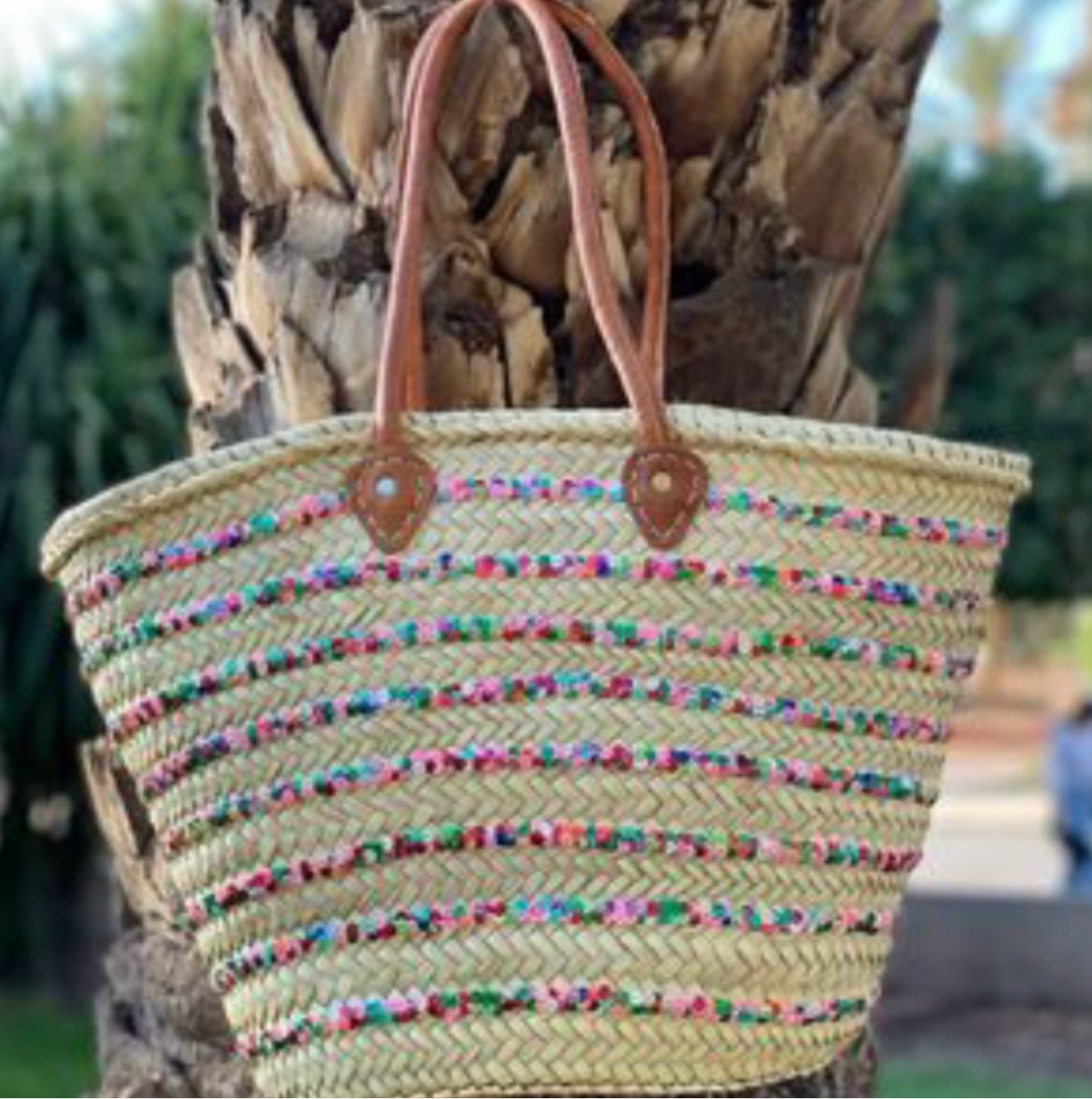 Handmade Sequin Straw Shopper with Tan Leather Handles