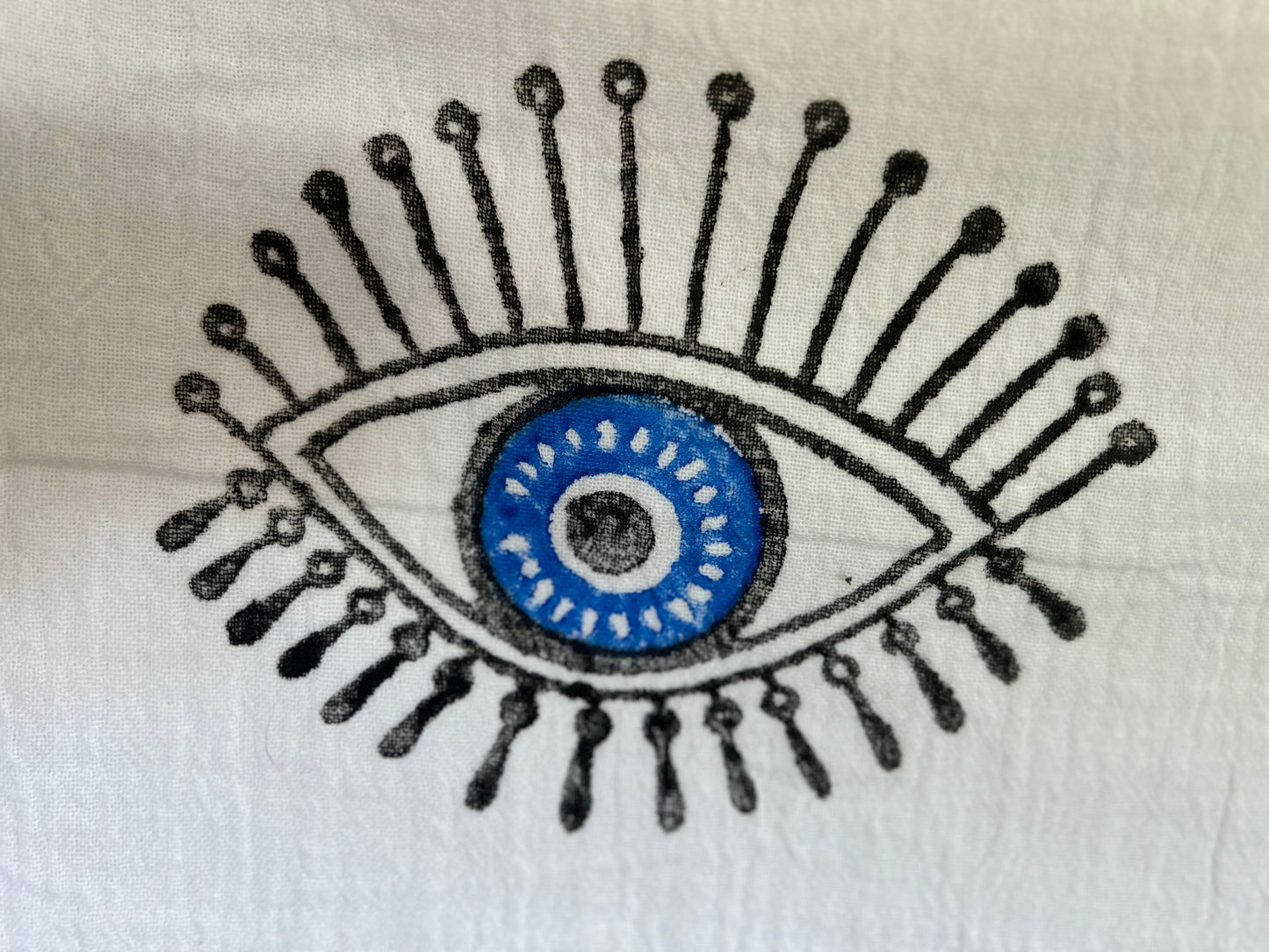 White with Black & Blue Evil Eye Organic Cotton Peshtemal Towel