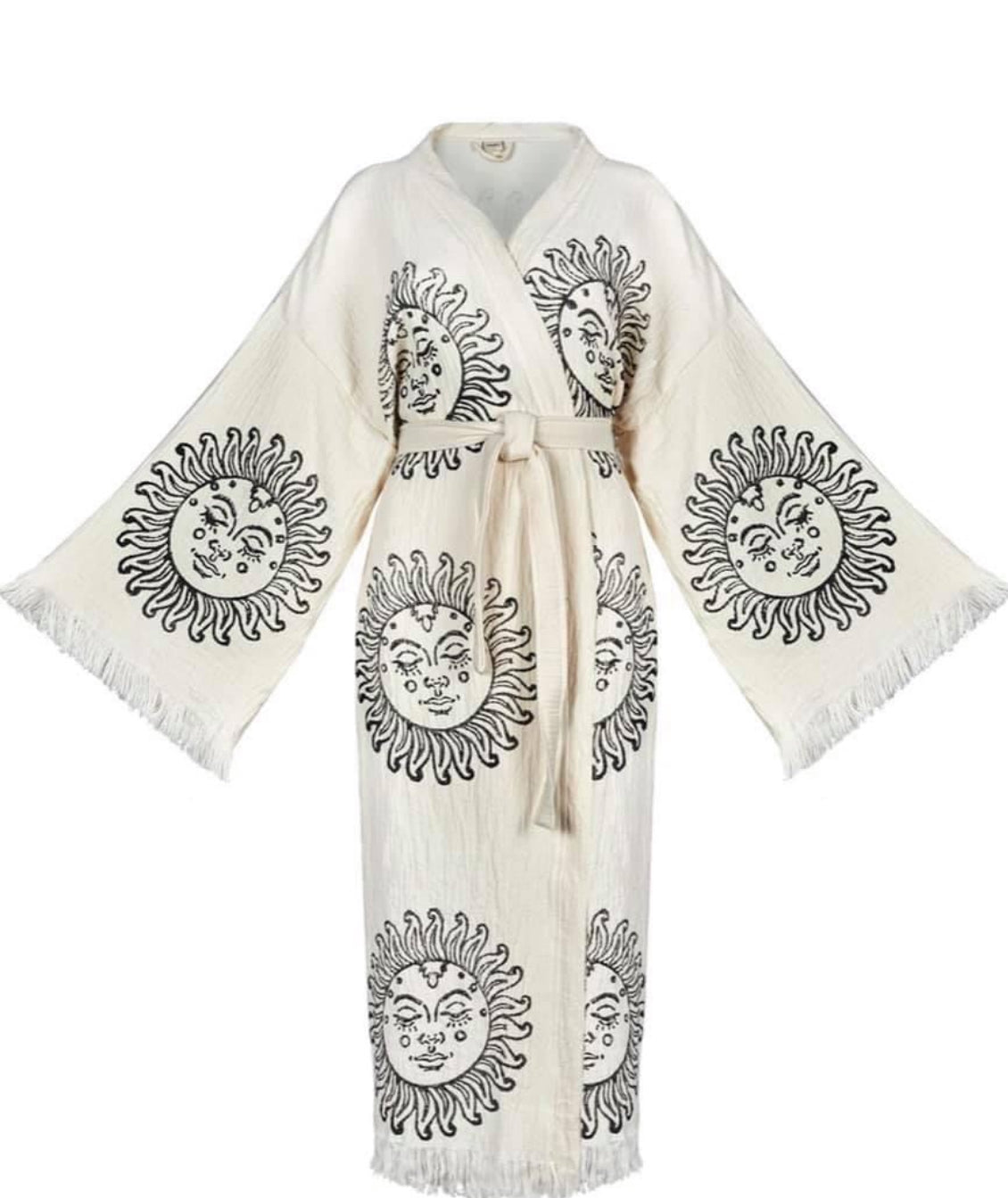 White with Black Sun Print Kimono Robe: Full Length