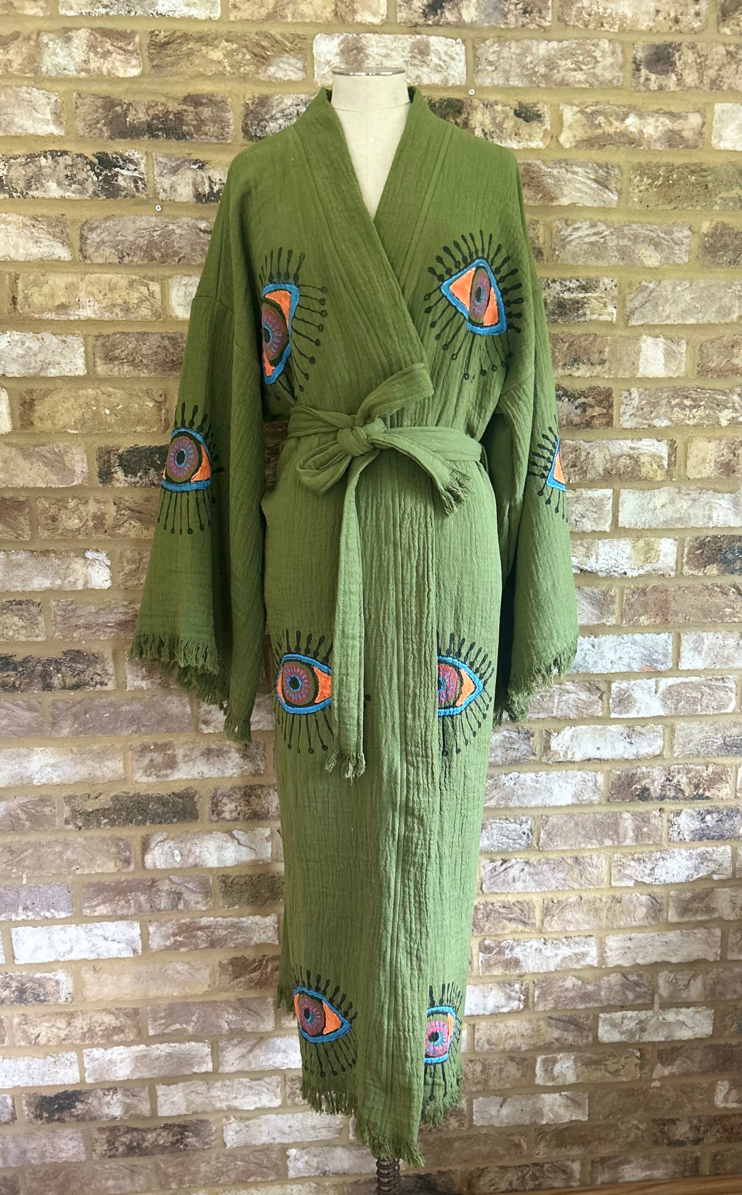 Khaki Green Evil Eye Print Kimono Robe: Full Length