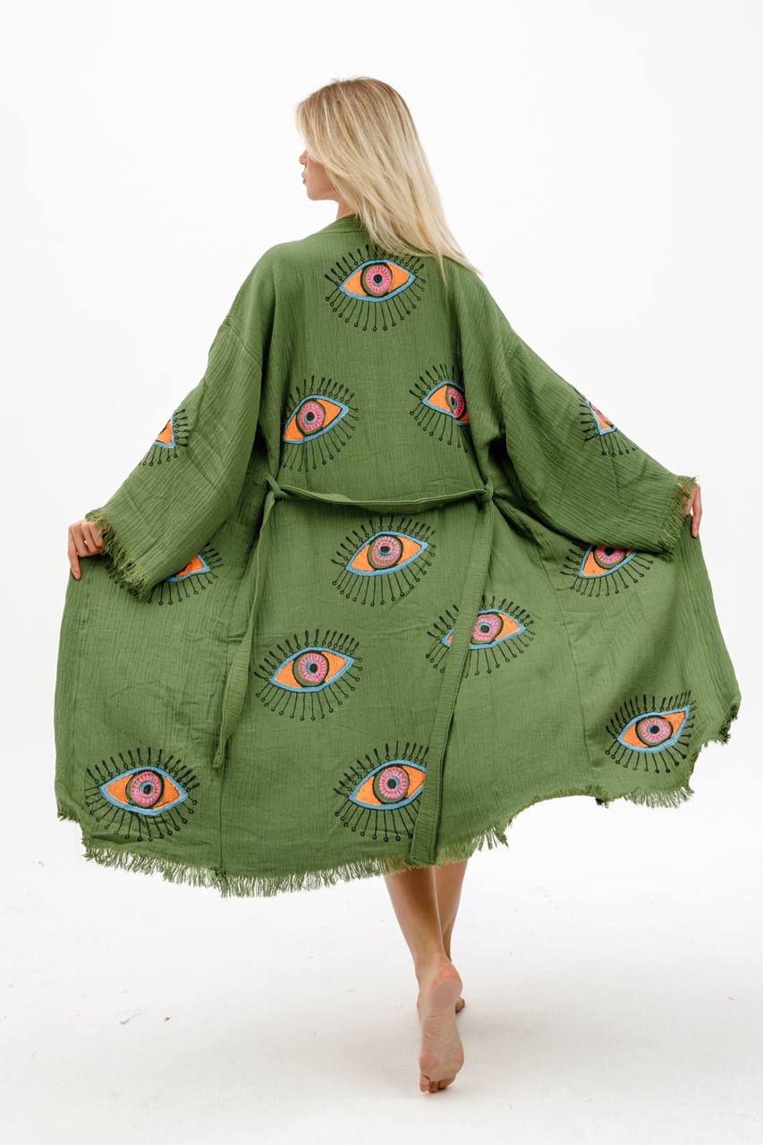 Khaki Green Evil Eye Print Kimono Robe: Full Length