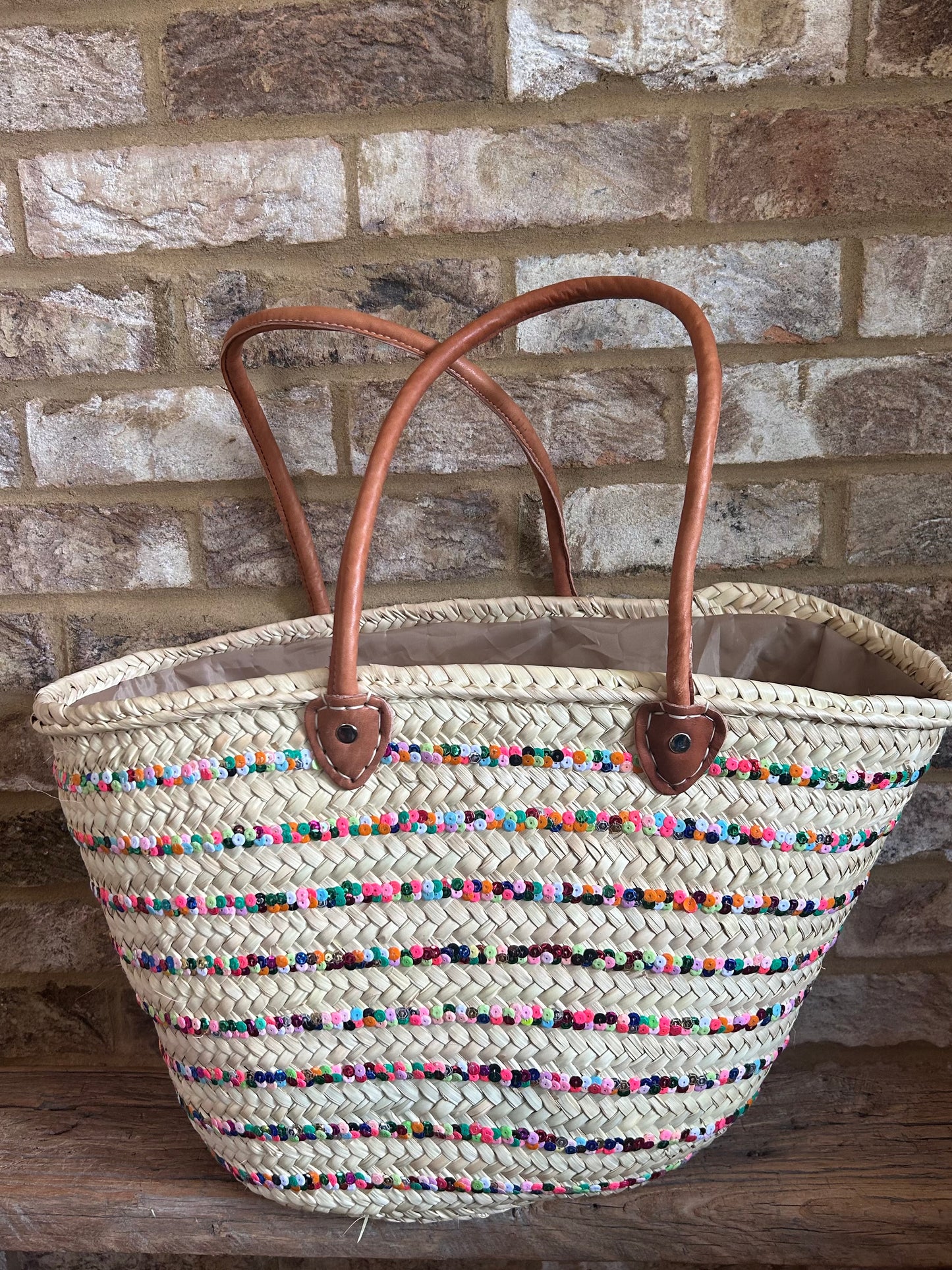 Handmade Sequin Straw Shopper with Tan Leather Handles