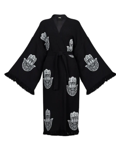 Black with White Hamsa Hand Kimono Robe: Full Length