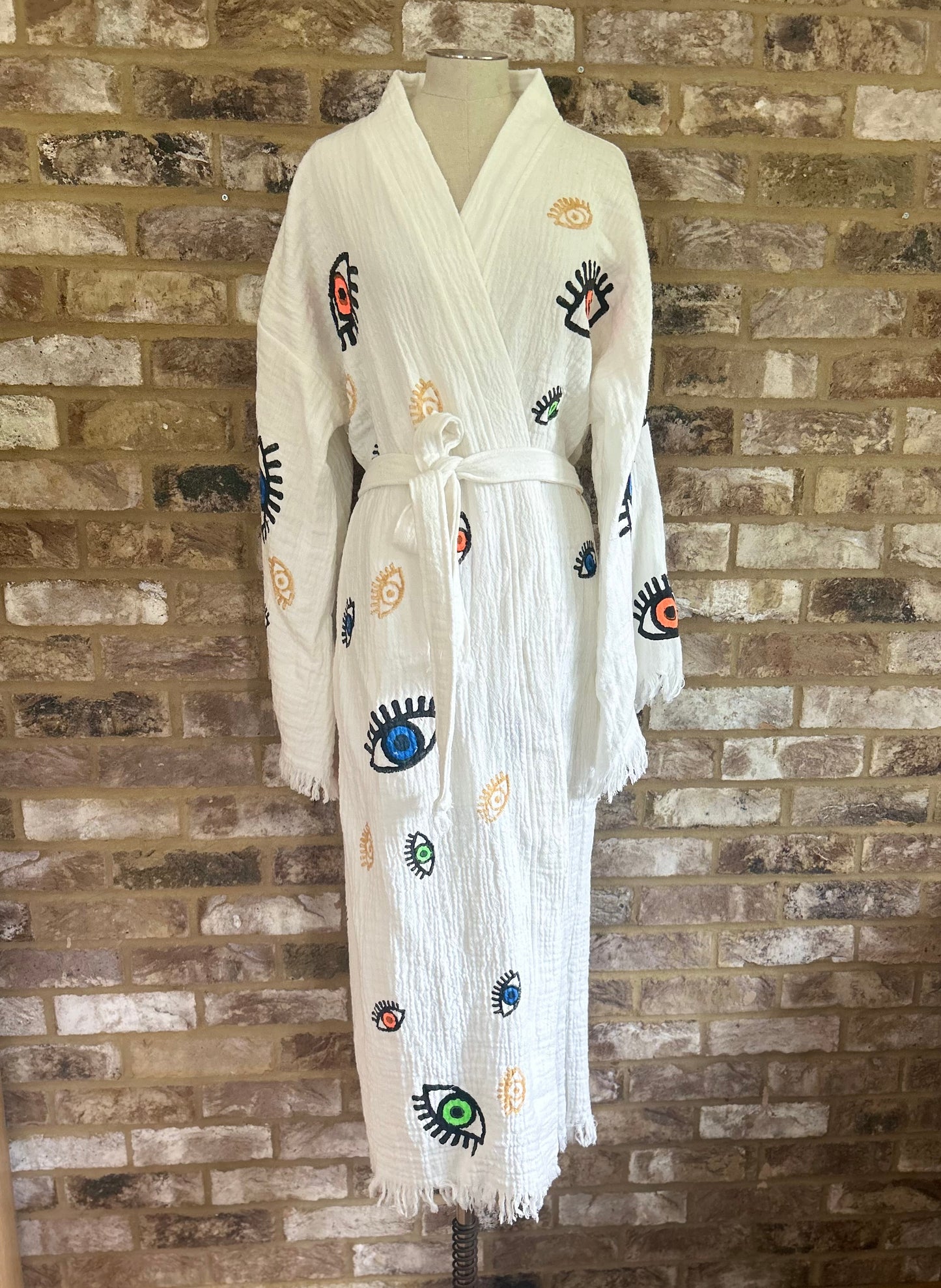 White with Multi Coloured Mini Evil Eye Print Kimono Robe: Full length