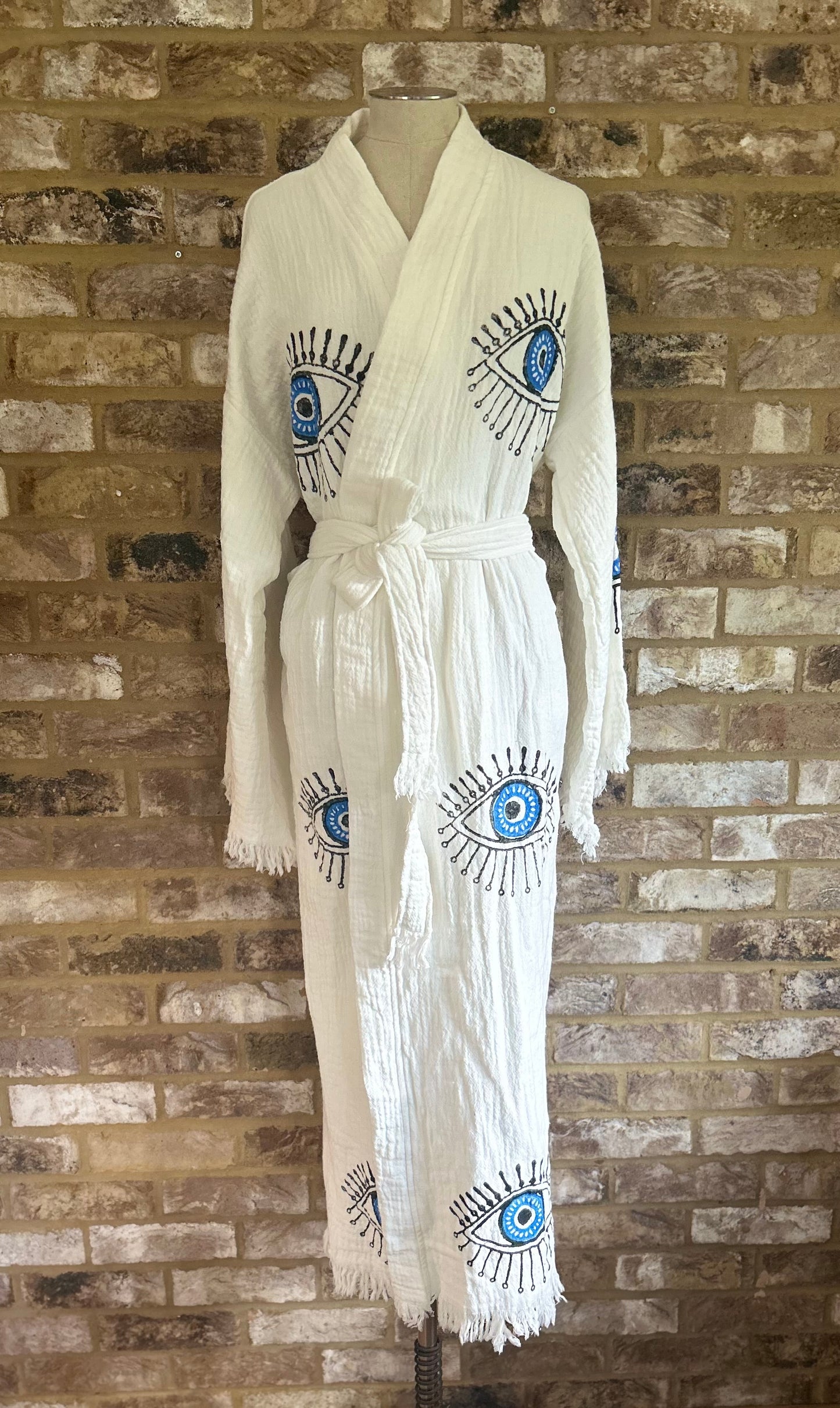 White with Black & Blue Evil Eye Print Kimono Robe: Full Length