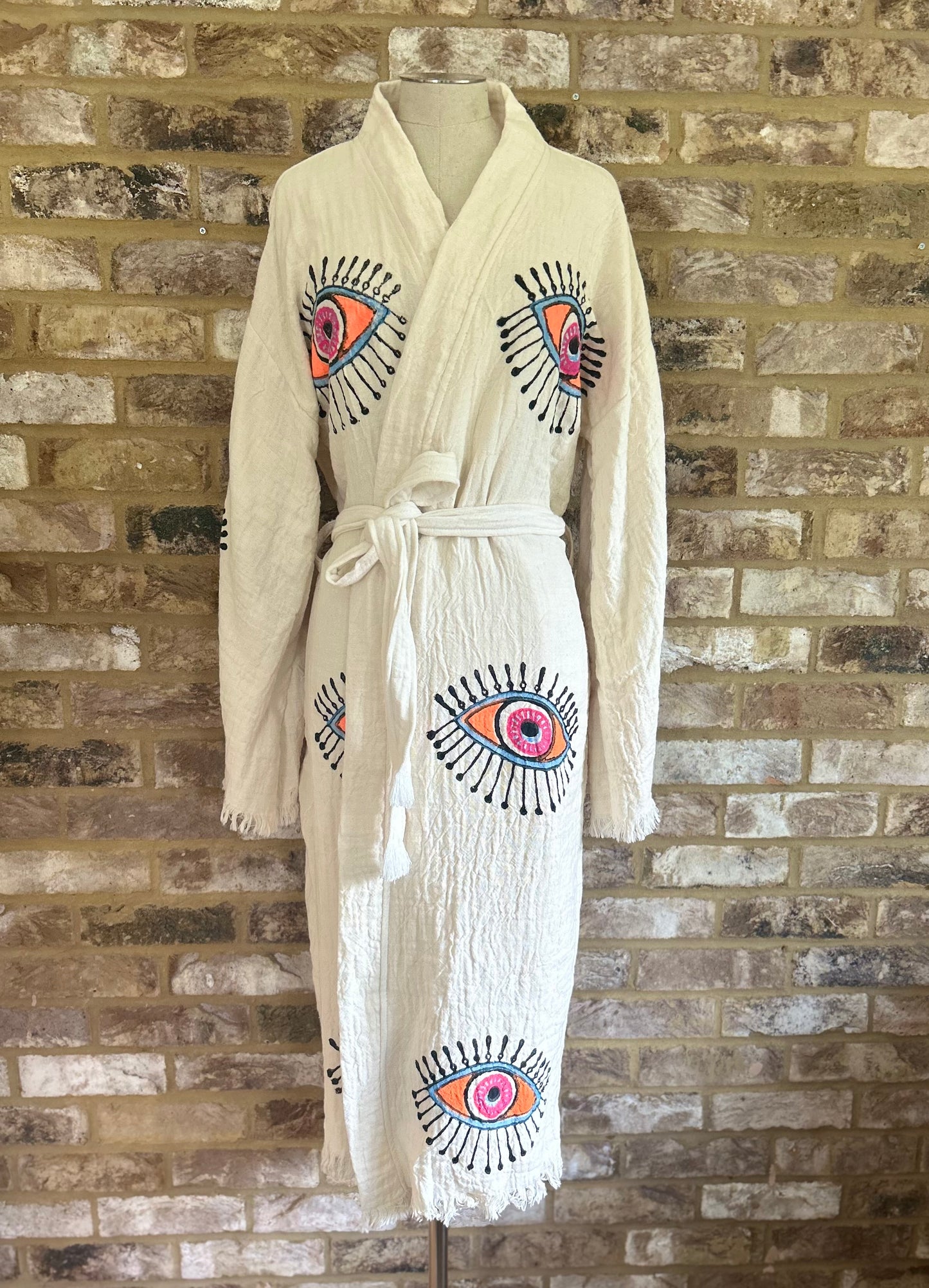 White with Pink, Orange & Purple Evil Eye Print Kimono Robe: Full Length