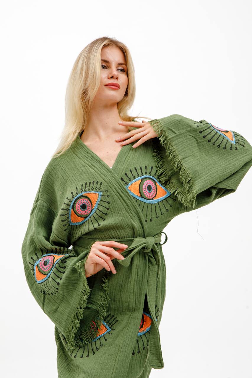 Khaki Green Evil Eye Print Kimono Robe: Full Length