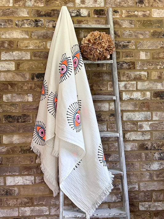 White with Pink, Orange & Purple Evil Eye Organic Cotton Peshtemal Towel