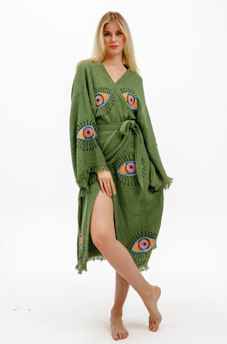 Khaki Green Evil Eye Print Kimono Robe: Full Length