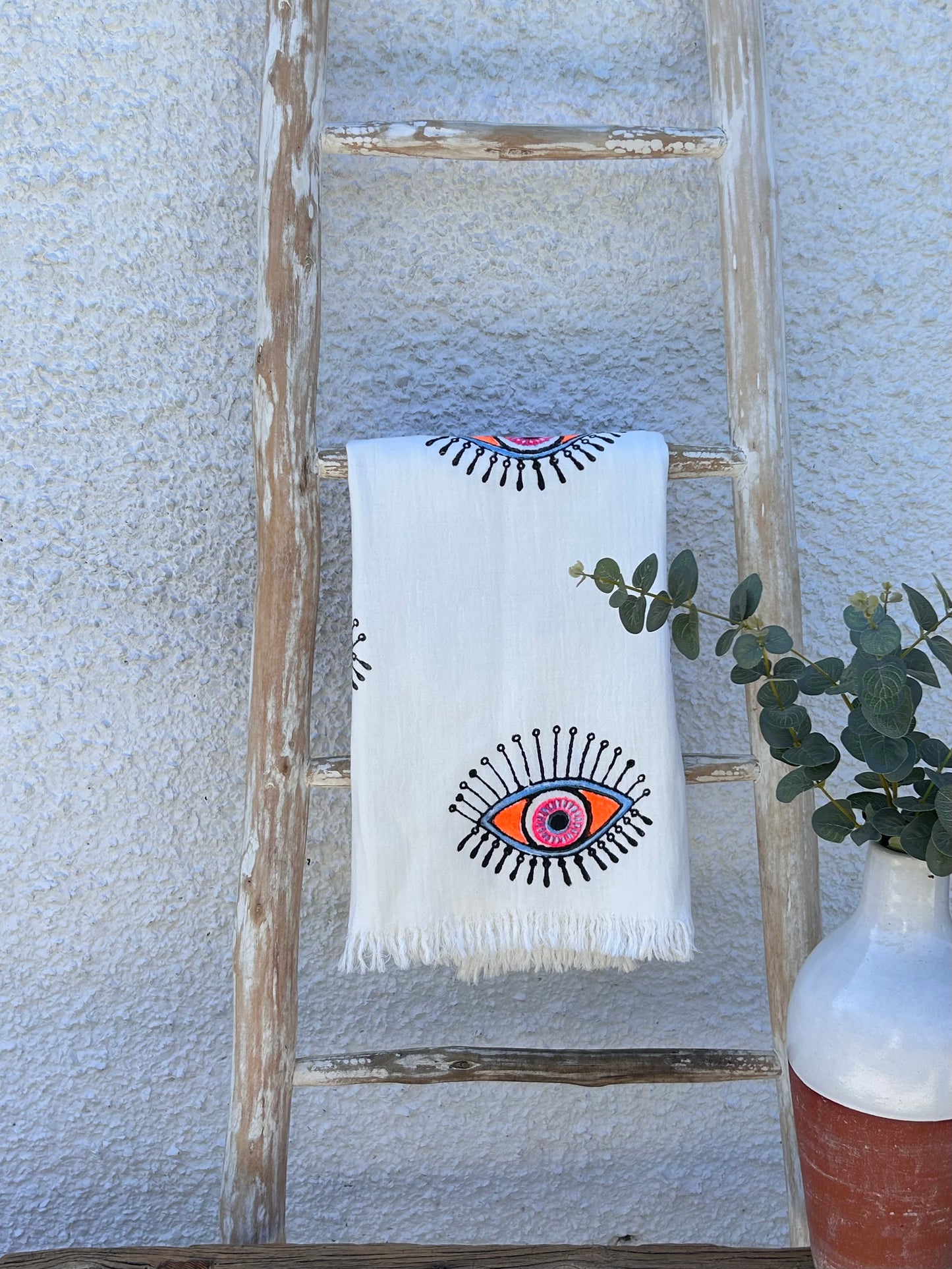 White with Pink, Orange & Purple Evil Eye Organic Cotton Peshtemal Towel