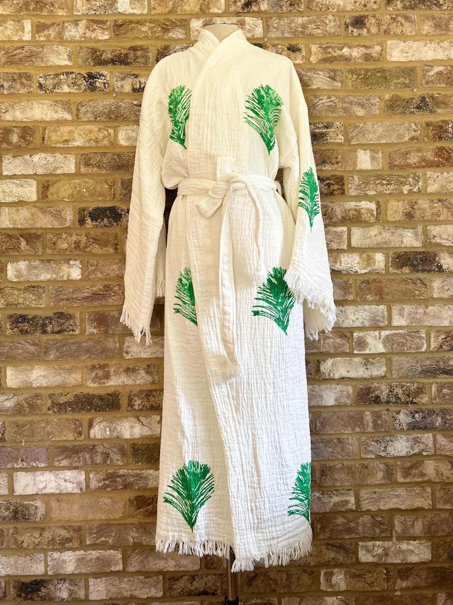 White with Green Feather Kimono Robe: Full Length