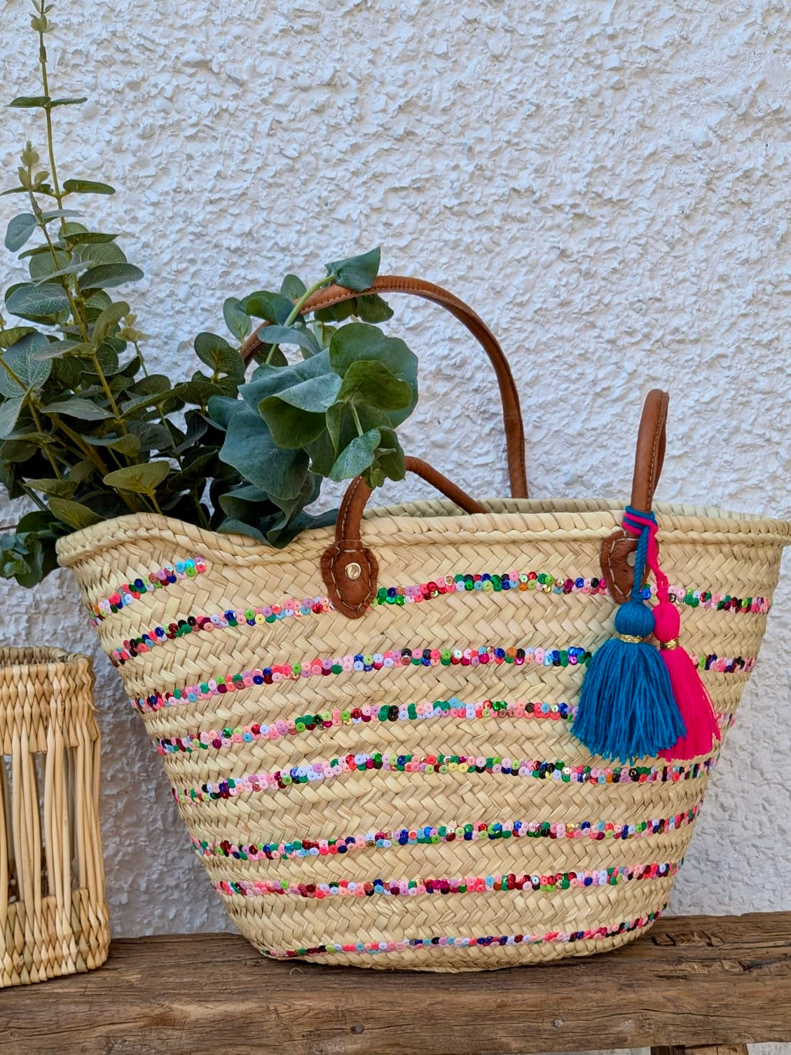 Handmade Sequin Straw Shopper with Tan Leather Handles