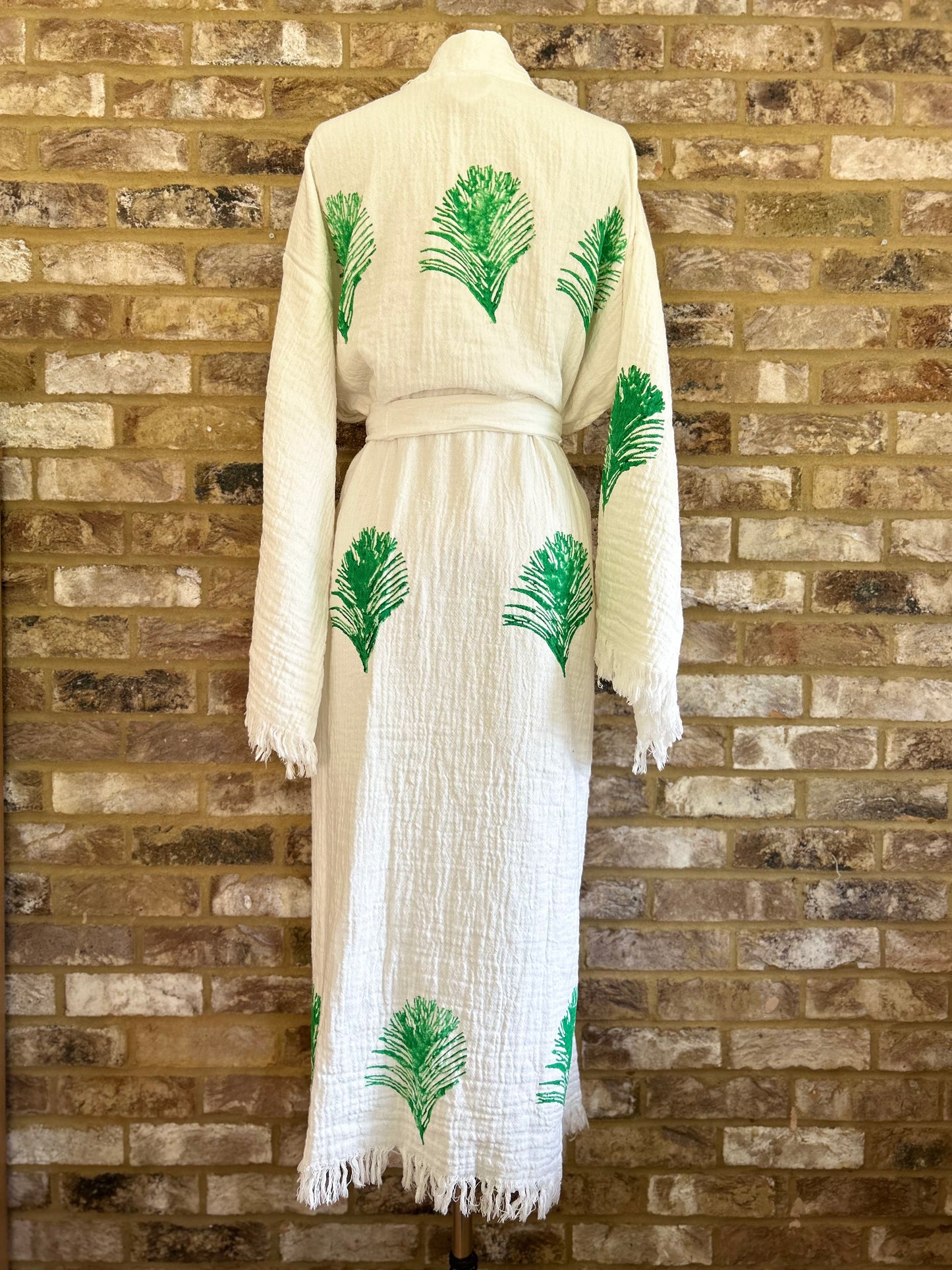 White with Green Feather Kimono Robe: Full Length