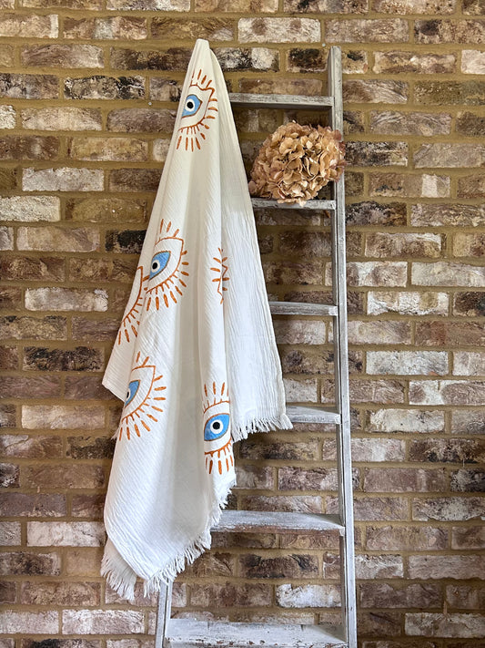 White with Orange & Blue Evil Eye Organic Cotton Peshtemal Towel