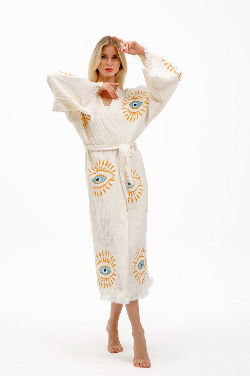 White with Orange & Blue Evil Print Kimono Robe: Full Length