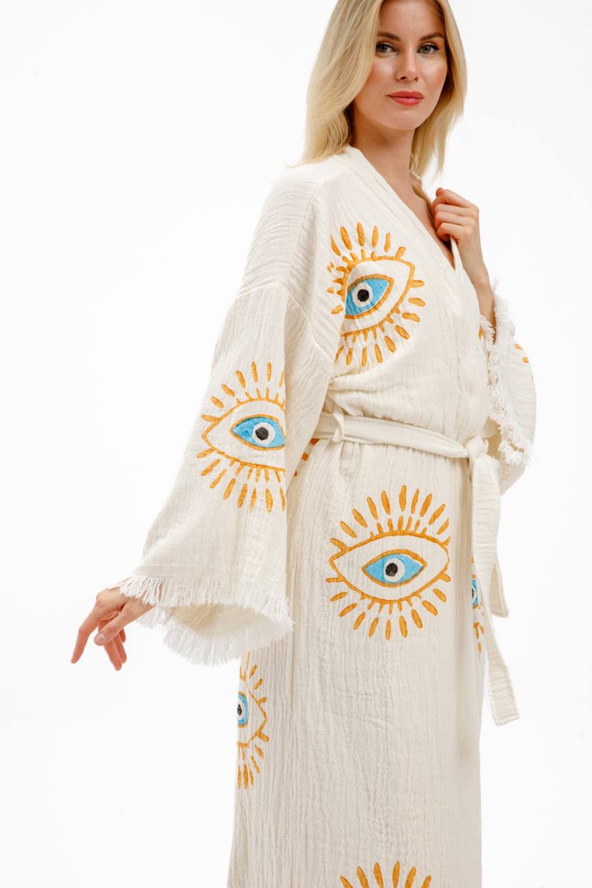 White with Orange & Blue Evil Print Kimono Robe: Full Length