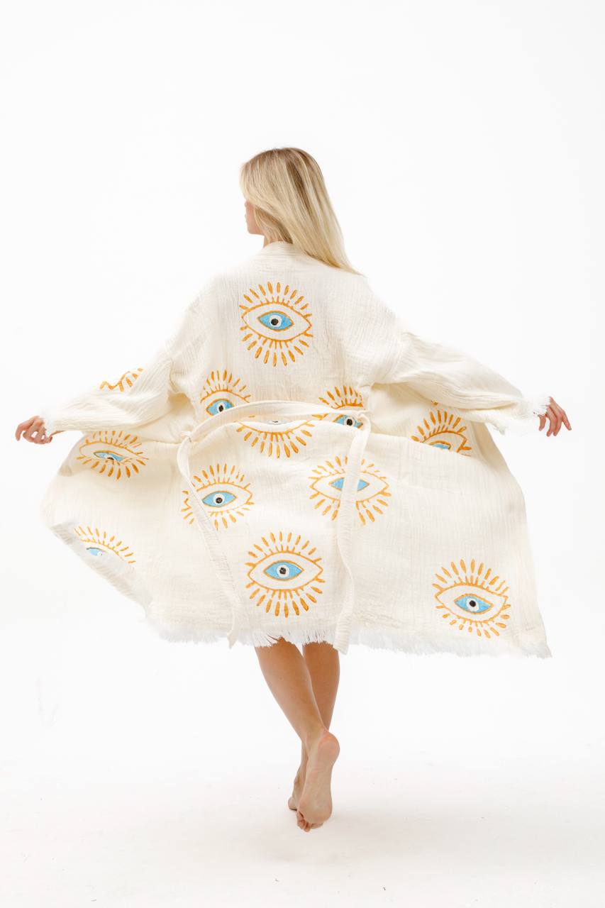 White with Orange & Blue Evil Print Kimono Robe: Full Length