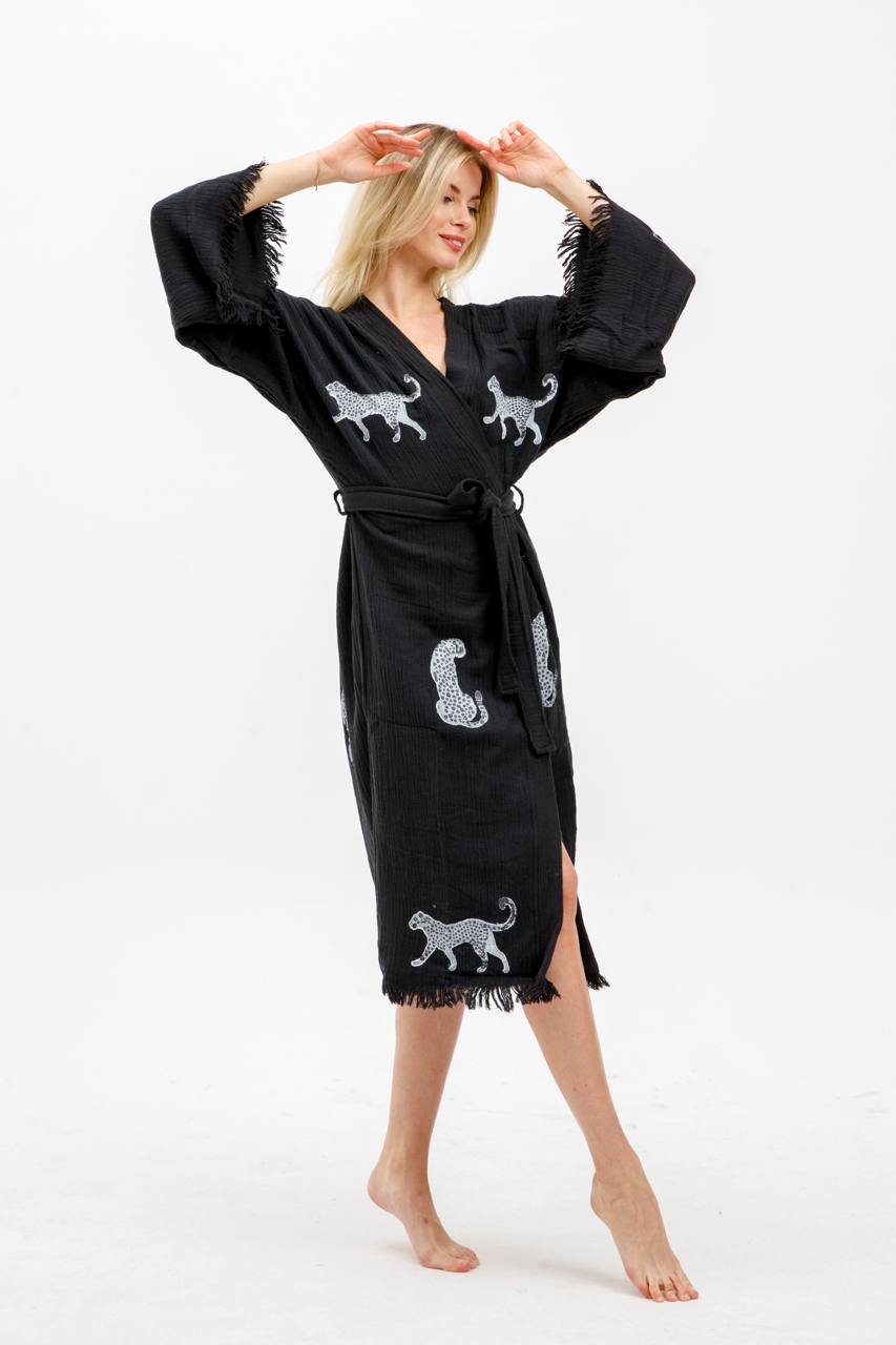 Black with White Cheetah Print Kimono Robe: Full Length