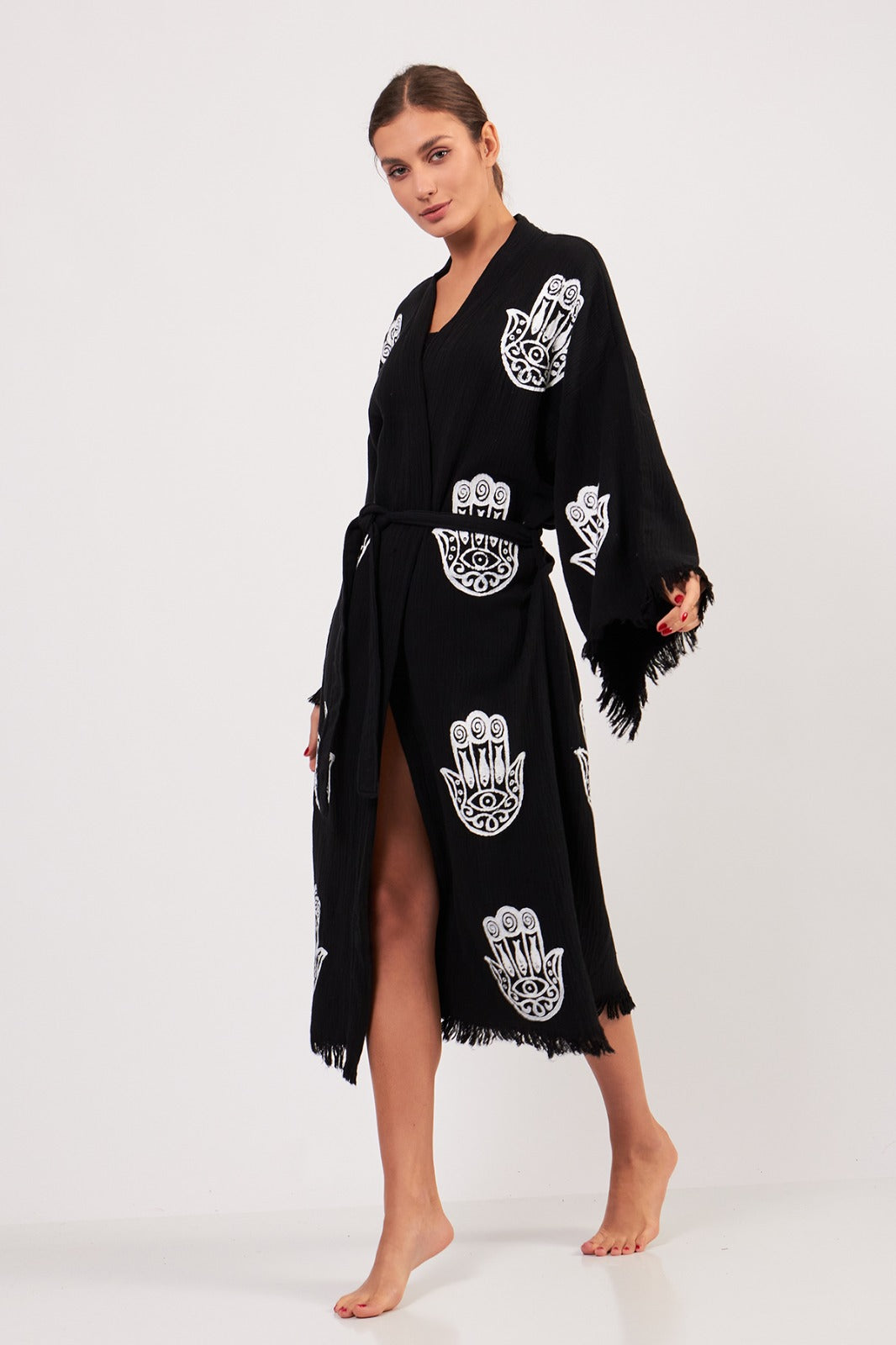 Black with White Hamsa Hand Kimono Robe: Full Length