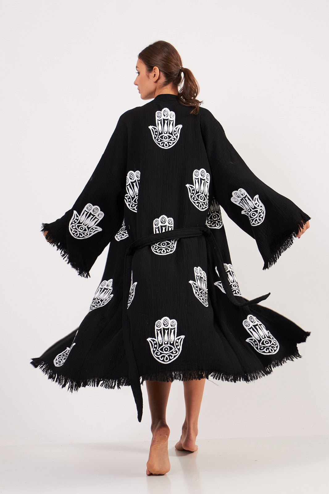 Black with White Hamsa Hand Kimono Robe: Full Length