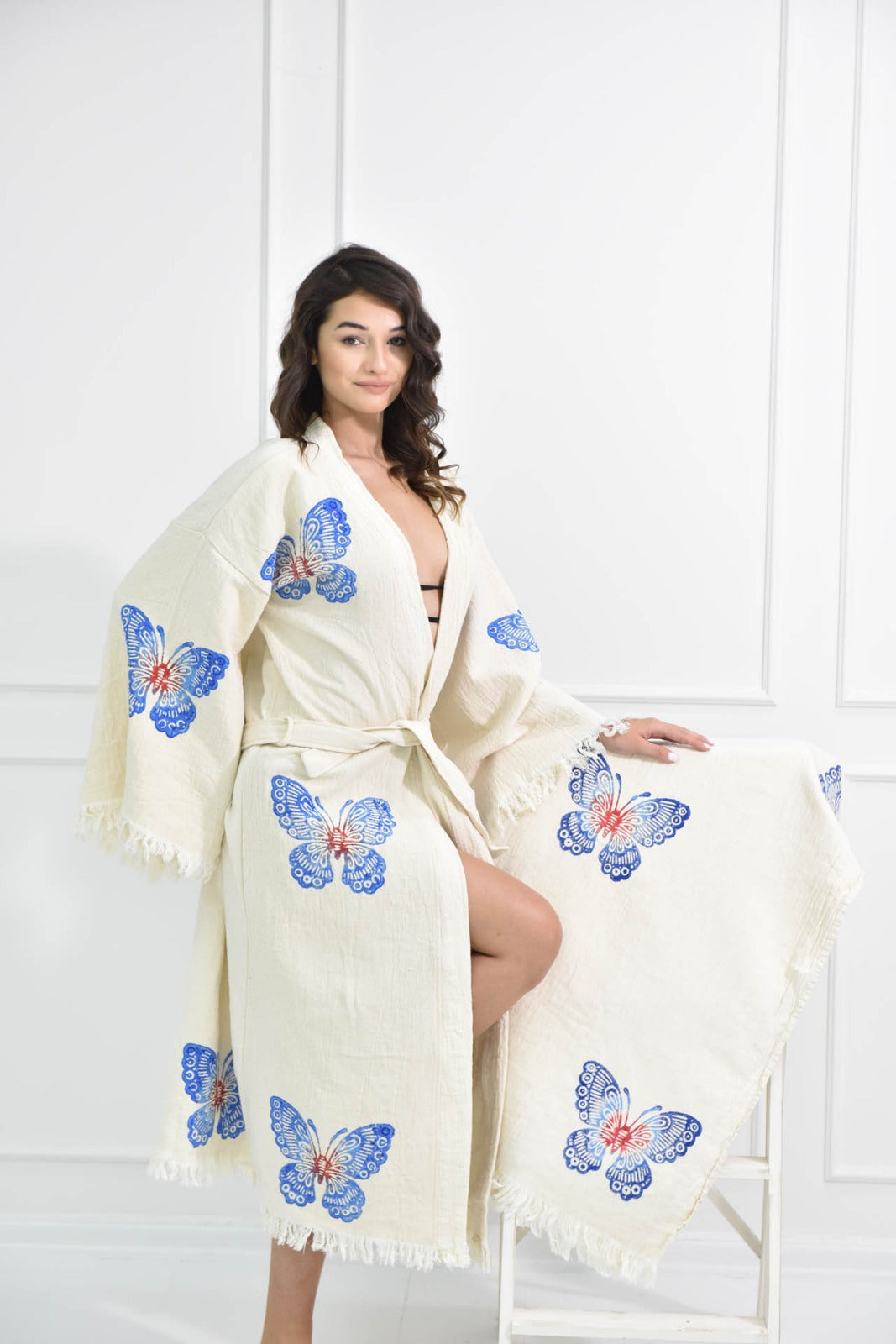 White with Butterfly Print Kimono Robe: Full Length