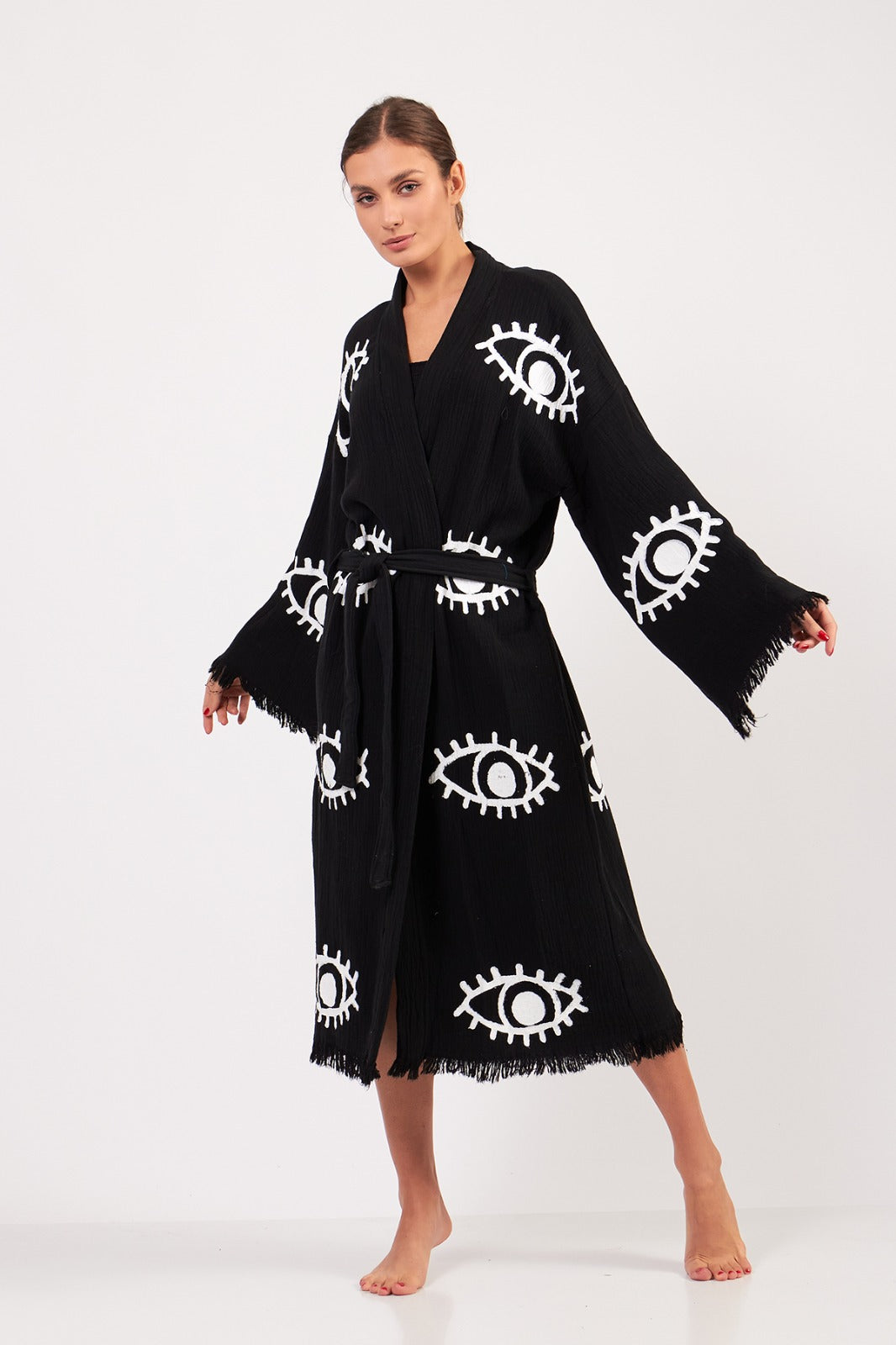 Black with White Evil Eye Kimono Robe: Full Length