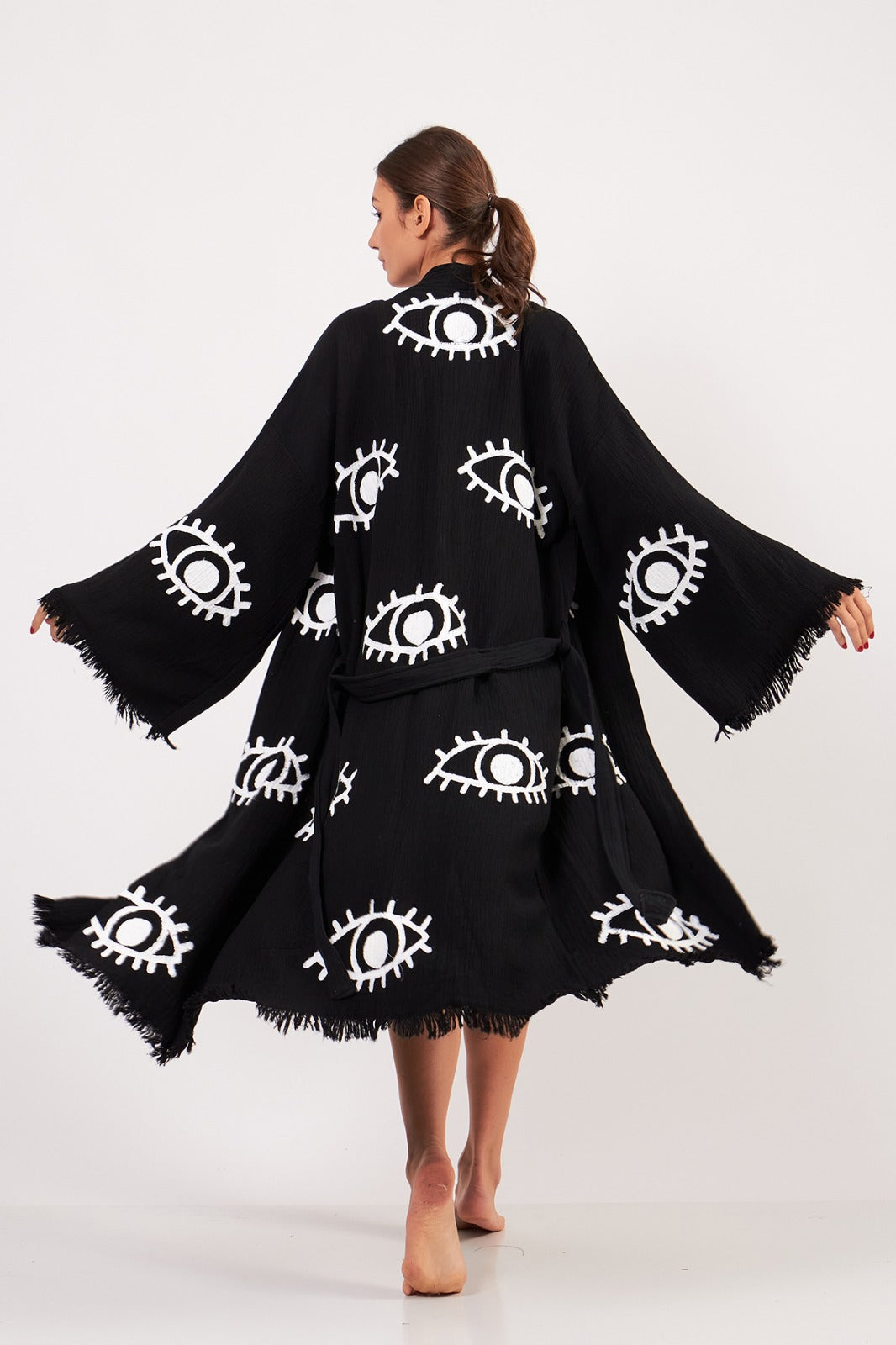 Black with White Evil Eye Kimono Robe: Full Length