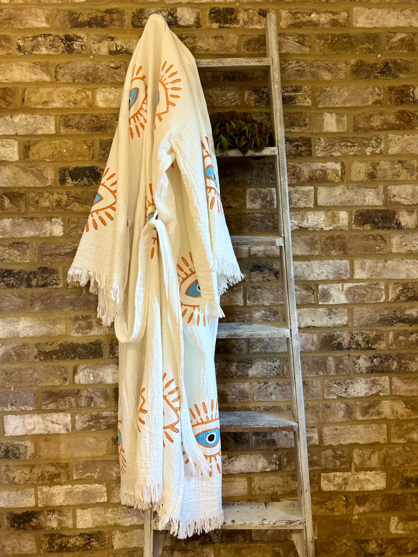 White with Orange & Blue Evil Print Kimono Robe: Full Length