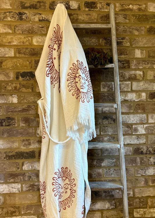 White with Terracotta Sun Print Kimono Robe: Full Length