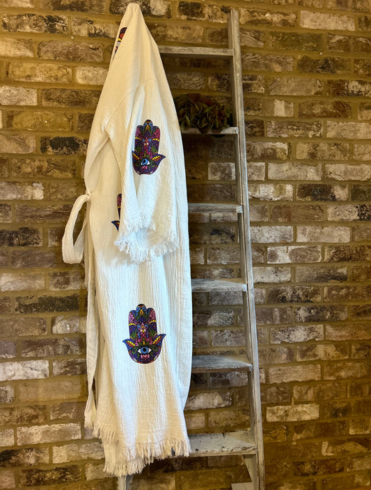 White with Multicoloured Hamsa Hand Kimono Robe: Full Length