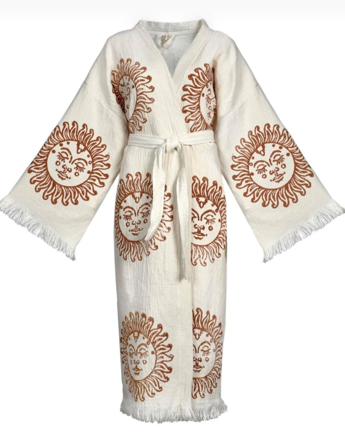 White with Terracotta Sun Print Kimono Robe: Full Length